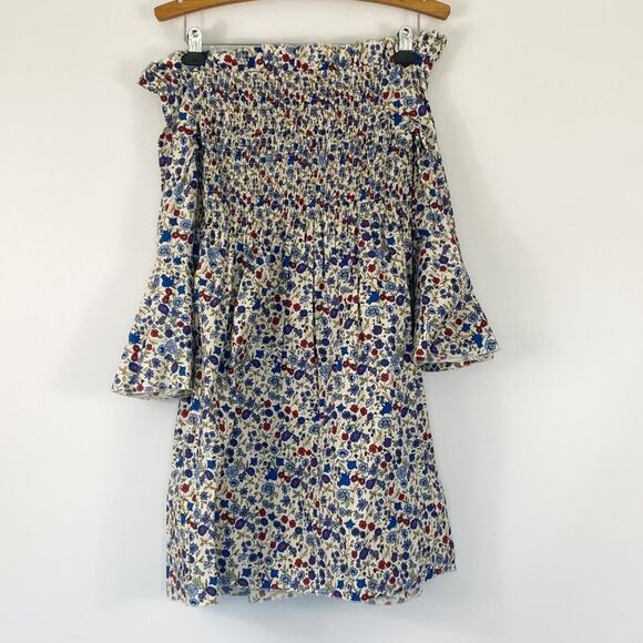 Mango Nest Ruched Detail Blur Red Floral Print Boho  Off-the-Shoulder Mini Dress - Picture 5 of 16